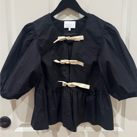 NWOT Mable Puff Sleeve Contrast Tie Top Small Black $60 Aritzia vibes - Picture 6 of 8